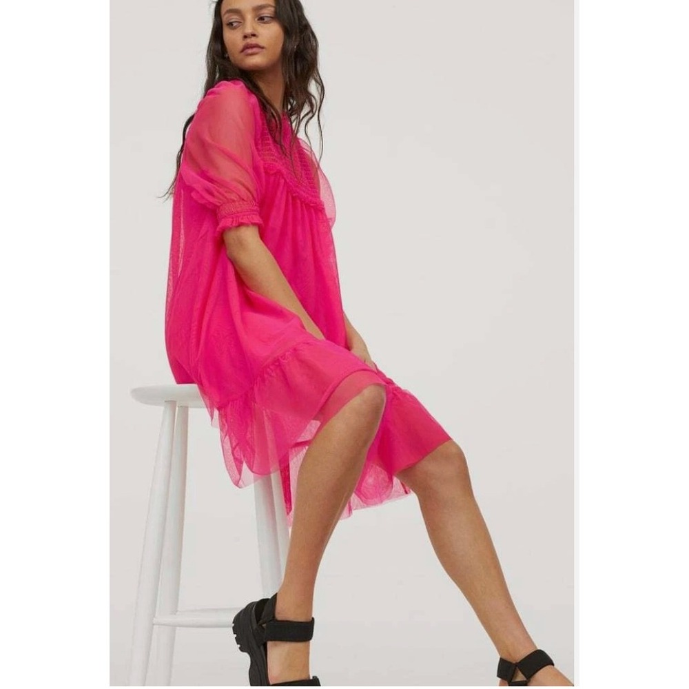 H&M Collab All The Boys Dress Sz S Hot Pink Sheer Mesh Ruffle Mini Y2K Coquette - Picture 2 of 9